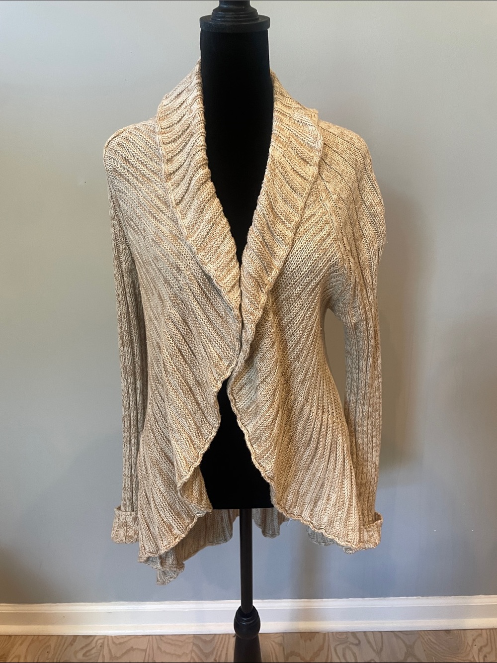 Cozy Open-Front Collared Sweater Cardigan - Cream and tan medium
